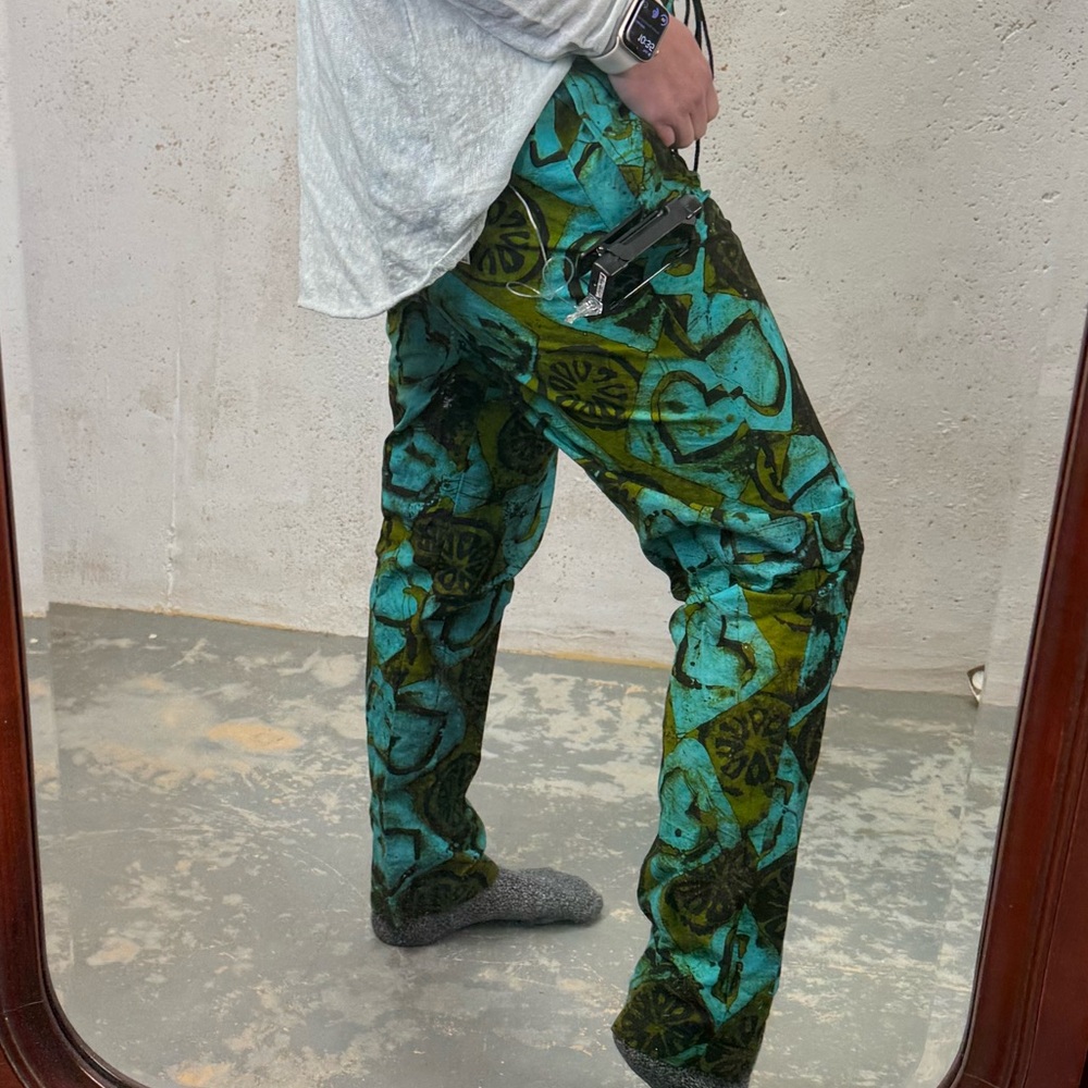Handmade Casual Relaxed Teal and Black Abstract Print Drawstring Pants Boho - Picture 2 of 8